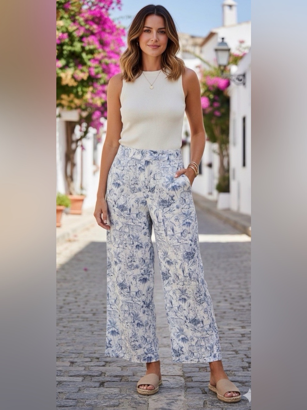 Rachel Zoe Blue White Toile 100% Linen Wide Leg Pants M